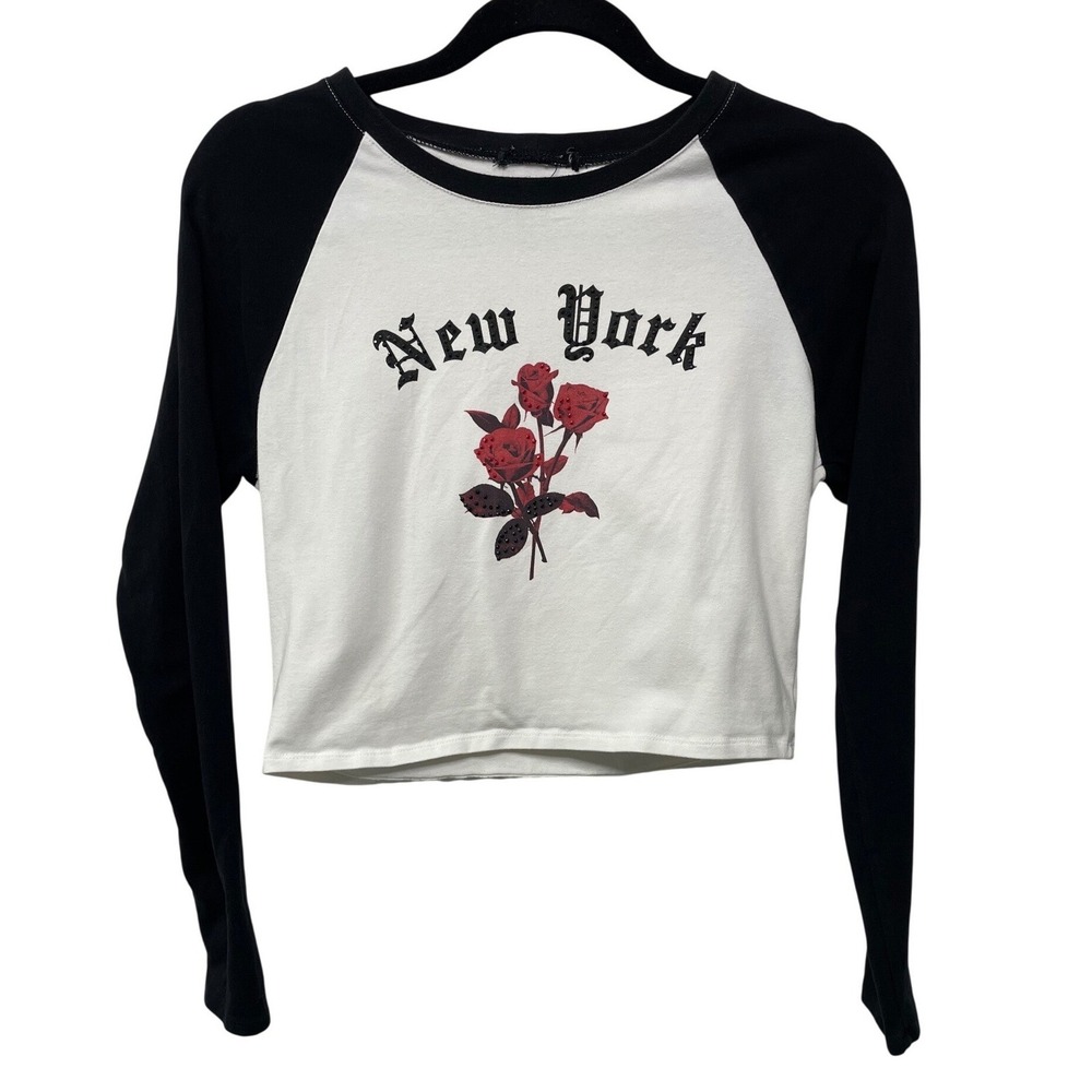 New York Rose Studded Raglan Crop Top Baseball Shirt Black White Long Sleeve S M